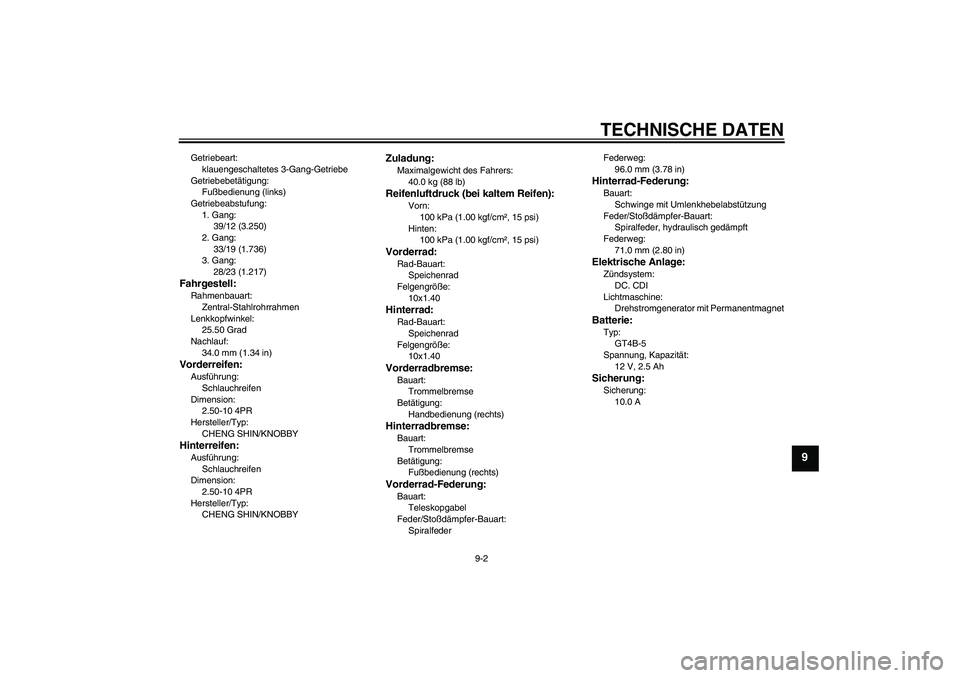 YAMAHA TTR50 2010  Betriebsanleitungen (in German) TECHNISCHE DATEN
9-2
9
Getriebeart:
klauengeschaltetes 3-Gang-Getriebe
Getriebebetätigung:
Fußbedienung (links)
Getriebeabstufung:
1. Gang:
39/12 (3.250)
2. Gang:
33/19 (1.736)
3. Gang:
28/23 (1.217