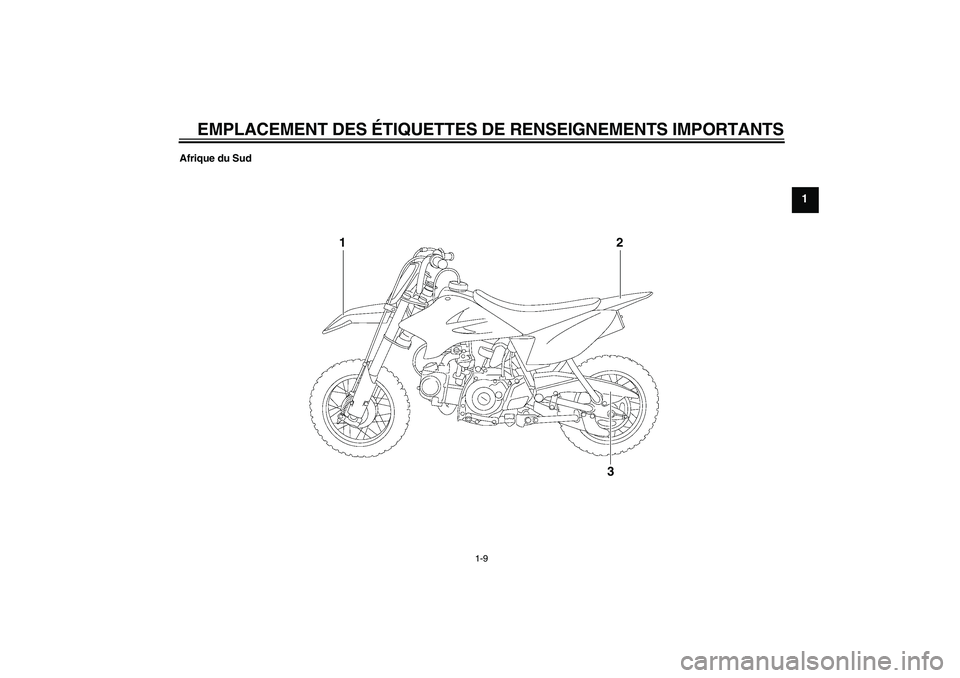 YAMAHA TTR50 2010  Notices Demploi (in French) EMPLACEMENT DES ÉTIQUETTES DE RENSEIGNEMENTS IMPORTANTS
1-9
1
Afrique du Sud
1
2
3
U1P684F0.book  Page 9  Tuesday, April 28, 2009  10:23 AM 