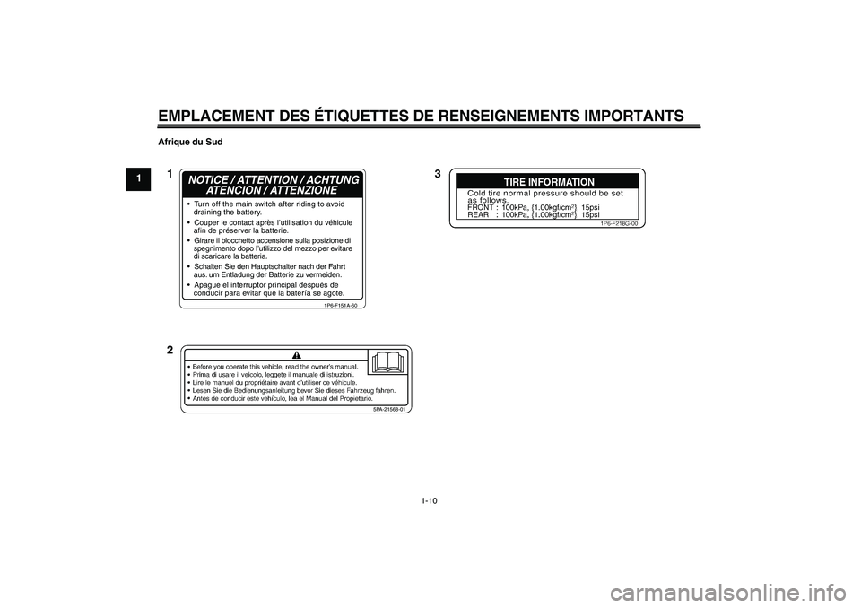 YAMAHA TTR50 2010  Notices Demploi (in French) EMPLACEMENT DES ÉTIQUETTES DE RENSEIGNEMENTS IMPORTANTS
1-10
1
Afrique du Sud
5PA-21568-01
1P6-F151A-60
  Turn off the main switch after riding to avoid
   draining the battery.
  Couper le contact