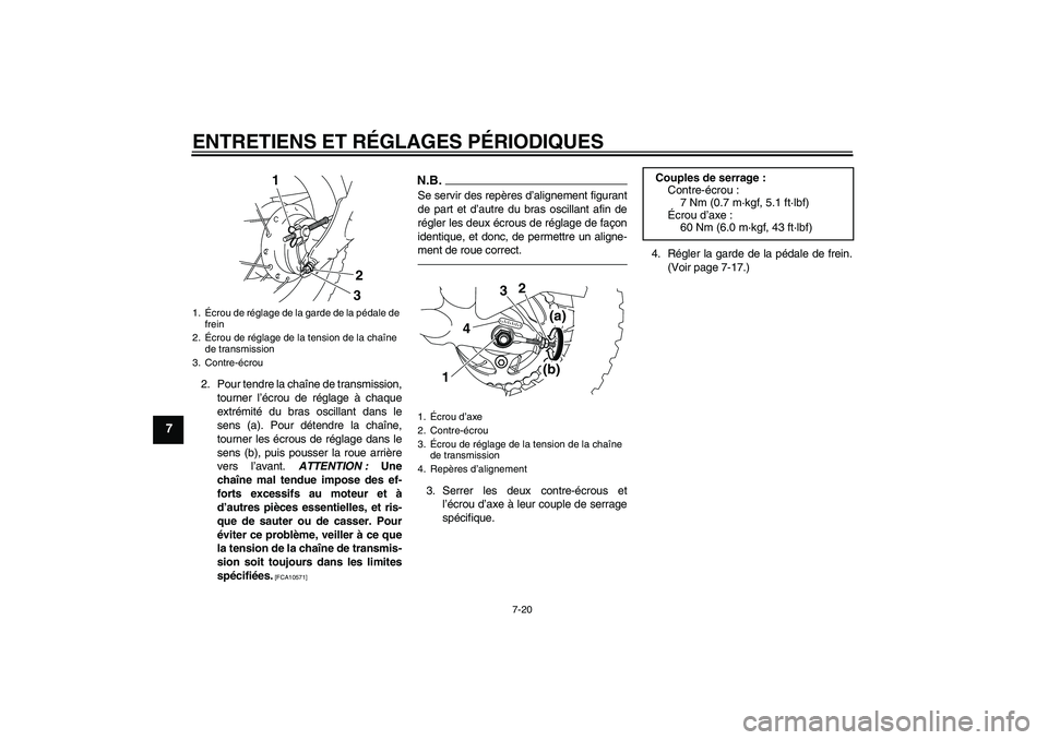 YAMAHA TTR50 2010 Notices Demploi (in French) ENTRETIENS ET RÉGLAGES PÉRIODIQUES
7-20
7
2. Pour tendre la chaîne de transmission,
tourner l’écrou de réglage à chaque
extrémité du bras oscillant dans le
sens (a). Pour détendre la chaîn YAMAHA TTR50 2010 Notices Demploi (in French) ENTRETIENS ET RÉGLAGES PÉRIODIQUES
7-20
7
2. Pour tendre la chaîne de transmission,
tourner l’écrou de réglage à chaque
extrémité du bras oscillant dans le
sens (a). Pour détendre la chaîn