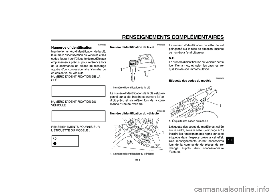 YAMAHA TTR50 2010 Notices Demploi (in French) RENSEIGNEMENTS COMPLÉMENTAIRES
10-1
10
FAU26352
Numéros d’identification Inscrire le numéro d’identification de la clé,
le numéro d’identification du véhicule et les
codes figurant sur l†YAMAHA TTR50 2010 Notices Demploi (in French) RENSEIGNEMENTS COMPLÉMENTAIRES
10-1
10
FAU26352
Numéros d’identification Inscrire le numéro d’identification de la clé,
le numéro d’identification du véhicule et les
codes figurant sur lâ€