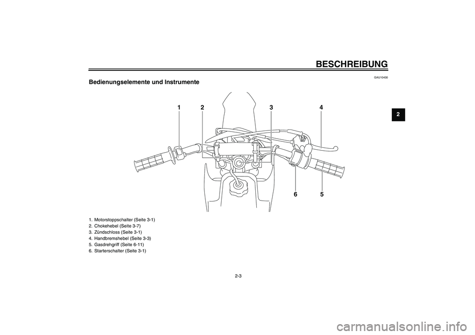 YAMAHA TTR50 2009  Betriebsanleitungen (in German) BESCHREIBUNG
2-3
2
GAU10430
Bedienungselemente und Instrumente
14
5 2
6 3
1. Motorstoppschalter (Seite 3-1)
2. Chokehebel (Seite 3-7)
3. Zündschloss (Seite 3-1)
4. Handbremshebel (Seite 3-3)
5. Gasdr