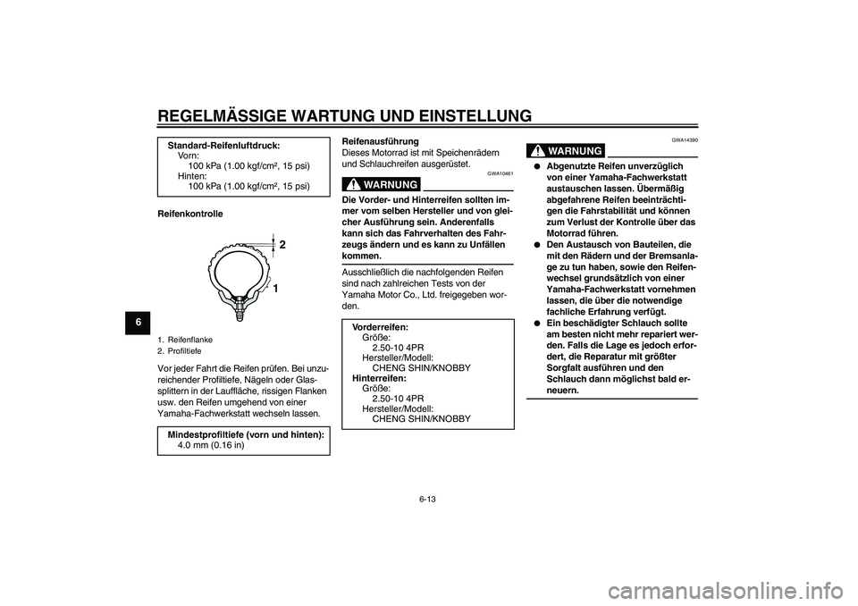 YAMAHA TTR50 2009 Betriebsanleitungen (in German) REGELMÄSSIGE WARTUNG UND EINSTELLUNG
6-13
6
Reifenkontrolle
Vor jeder Fahrt die Reifen prüfen. Bei unzu-
reichender Profiltiefe, Nägeln oder Glas-
splittern in der Lauffläche, rissigen Flanken
us YAMAHA TTR50 2009 Betriebsanleitungen (in German) REGELMÄSSIGE WARTUNG UND EINSTELLUNG
6-13
6
Reifenkontrolle
Vor jeder Fahrt die Reifen prüfen. Bei unzu-
reichender Profiltiefe, Nägeln oder Glas-
splittern in der Lauffläche, rissigen Flanken
us