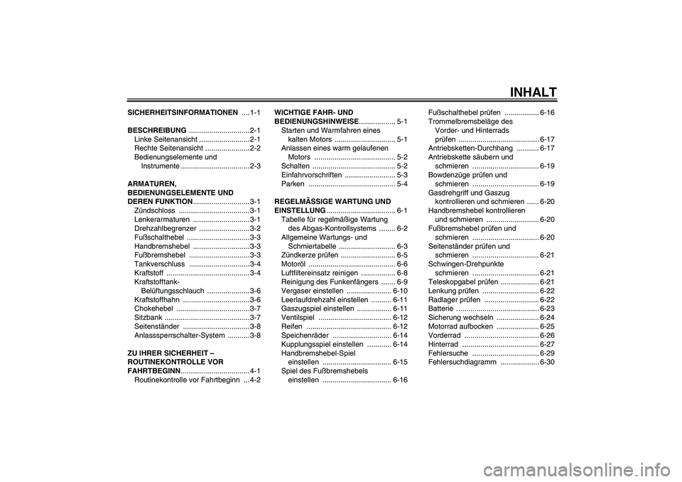 YAMAHA TTR50 2009 Betriebsanleitungen (in German) INHALT
SICHERHEITSINFORMATIONEN ....1-1
BESCHREIBUNG .............................. 2-1
Linke Seitenansicht ......................... 2-1
Rechte Seitenansicht ......................2-2
Bedienungseleme YAMAHA TTR50 2009 Betriebsanleitungen (in German) INHALT
SICHERHEITSINFORMATIONEN ....1-1
BESCHREIBUNG .............................. 2-1
Linke Seitenansicht ......................... 2-1
Rechte Seitenansicht ......................2-2
Bedienungseleme