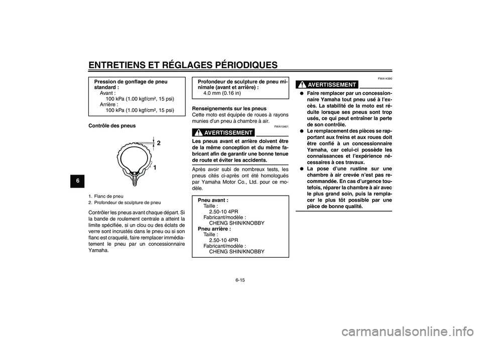YAMAHA TTR50 2009 Notices Demploi (in French) ENTRETIENS ET RÉGLAGES PÉRIODIQUES
6-15
6
Contrôle des pneus
Contrôler les pneus avant chaque départ. Si
la bande de roulement centrale a atteint la
limite spécifiée, si un clou ou des éclats YAMAHA TTR50 2009 Notices Demploi (in French) ENTRETIENS ET RÉGLAGES PÉRIODIQUES
6-15
6
Contrôle des pneus
Contrôler les pneus avant chaque départ. Si
la bande de roulement centrale a atteint la
limite spécifiée, si un clou ou des éclats