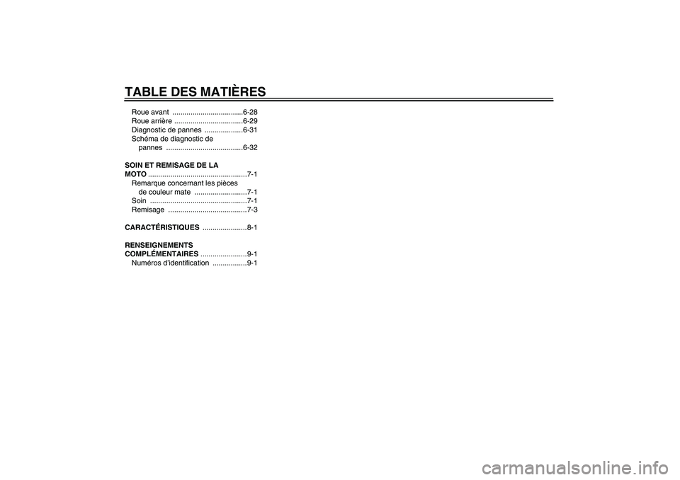 YAMAHA TTR50 2009 Notices Demploi (in French) TABLE DES MATIÈRESRoue avant ...................................6-28
Roue arrière ..................................6-29
Diagnostic de pannes ...................6-31
Schéma de diagnostic de
pann YAMAHA TTR50 2009 Notices Demploi (in French) TABLE DES MATIÈRESRoue avant ...................................6-28
Roue arrière ..................................6-29
Diagnostic de pannes ...................6-31
Schéma de diagnostic de
pann