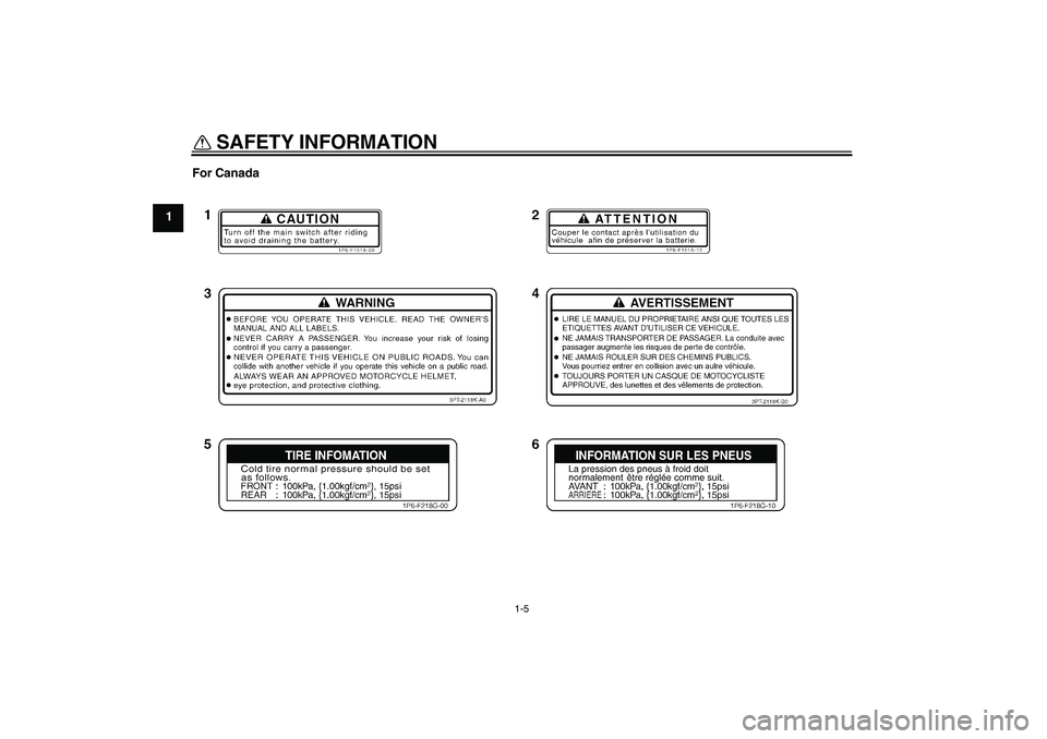 YAMAHA TTR50 2008 User Guide SAFETY INFORMATION
1-5
1For Canada
U1P682E0.book  Page 5  Wednesday, May 23, 2007  9:34 AM 