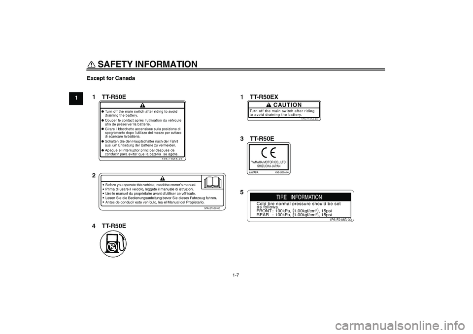 YAMAHA TTR50 2008 User Guide SAFETY INFORMATION
1-7
1Except for Canada
U1P682E0.book  Page 7  Wednesday, May 23, 2007  9:34 AM 