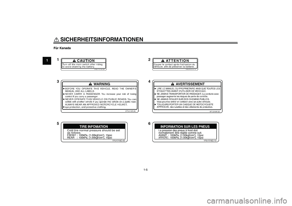 YAMAHA TTR50 2008  Betriebsanleitungen (in German) SICHERHEITSINFORMATIONEN
1-5
1
Für KanadaU1P682G0.book  Page 5  Wednesday, May 23, 2007  9:42 AM 