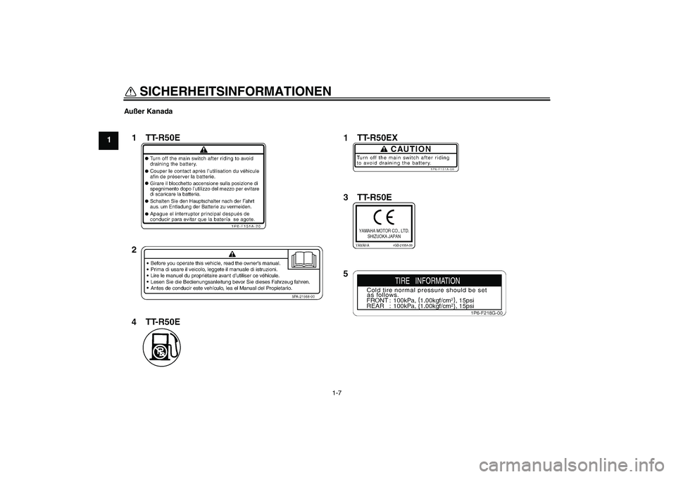 YAMAHA TTR50 2008  Betriebsanleitungen (in German) SICHERHEITSINFORMATIONEN
1-7
1
Außer KanadaU1P682G0.book  Page 7  Wednesday, May 23, 2007  9:42 AM 