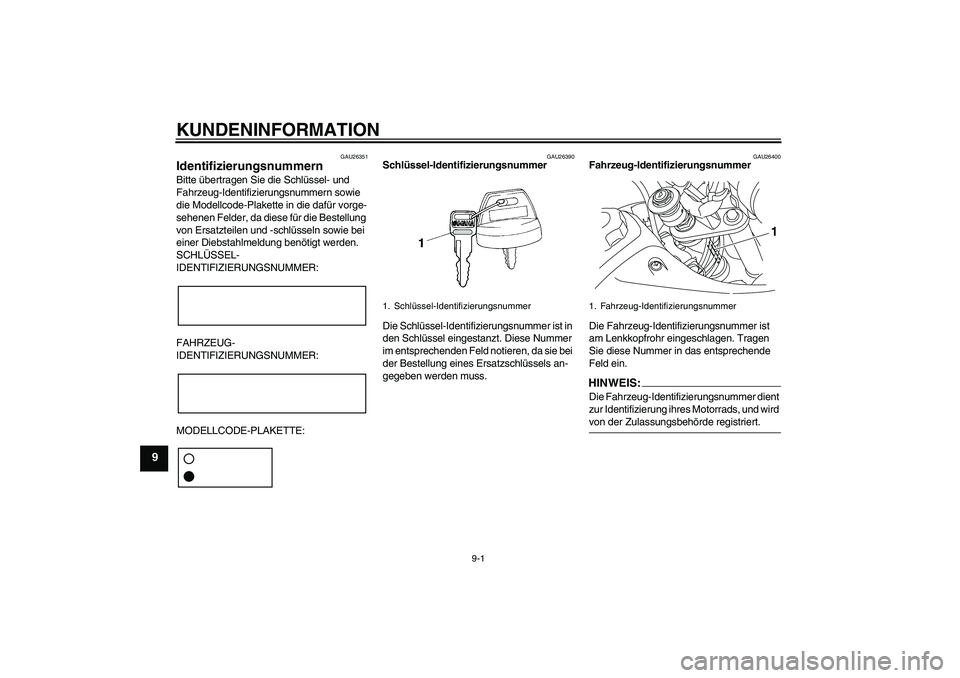YAMAHA TTR50 2008  Betriebsanleitungen (in German) KUNDENINFORMATION
9-1
9
GAU26351
Identifizierungsnummern Bitte übertragen Sie die Schlüssel- und 
Fahrzeug-Identifizierungsnummern sowie 
die Modellcode-Plakette in die dafür vorge-
sehenen Felder,