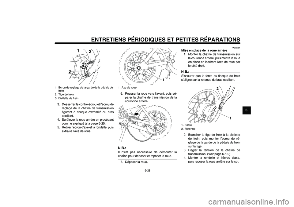 YAMAHA TTR50 2008  Notices Demploi (in French) ENTRETIENS PÉRIODIQUES ET PETITES RÉPARATIONS
6-28
6
3. Desserrer le contre-écrou et l’écrou de
réglage de la chaîne de transmission
figurant à chaque extrémité du bras
oscillant.
4. Surél