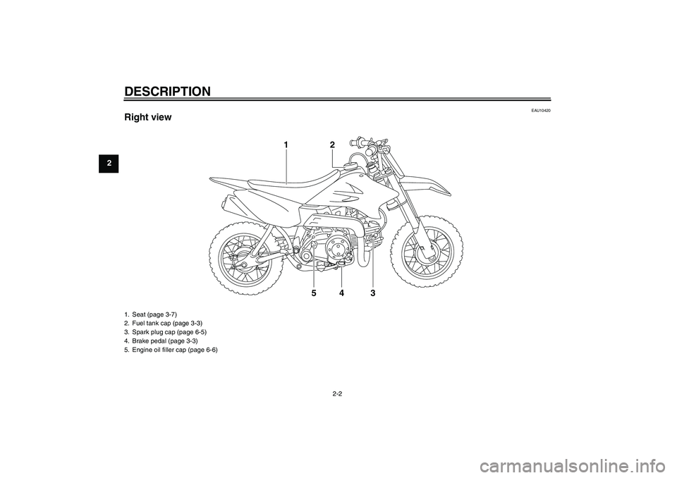 YAMAHA TTR50 2007 User Guide DESCRIPTION
2-2
2
EAU10420
Right view
4 532 1
1. Seat (page 3-7)
2. Fuel tank cap (page 3-3)
3. Spark plug cap (page 6-5)
4. Brake pedal (page 3-3)
5. Engine oil filler cap (page 6-6)U1P681E0.book  Pa
