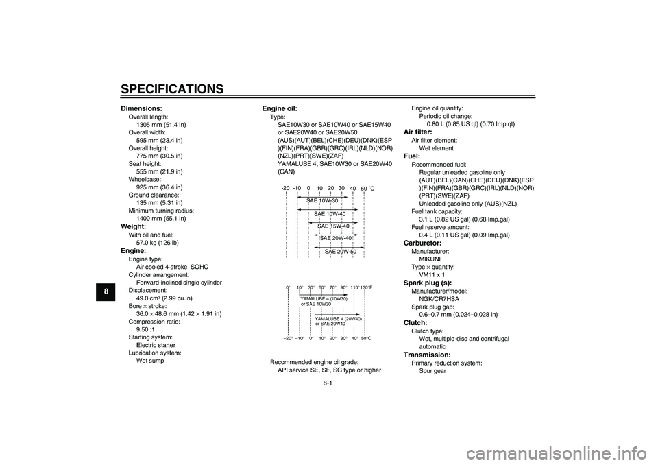 YAMAHA TTR50 2007  Owners Manual SPECIFICATIONS
8-1
8
Dimensions:Overall length:
1305 mm (51.4 in)
Overall width:
595 mm (23.4 in)
Overall height:
775 mm (30.5 in)
Seat height:
555 mm (21.9 in)
Wheelbase:
925 mm (36.4 in)
Ground clea