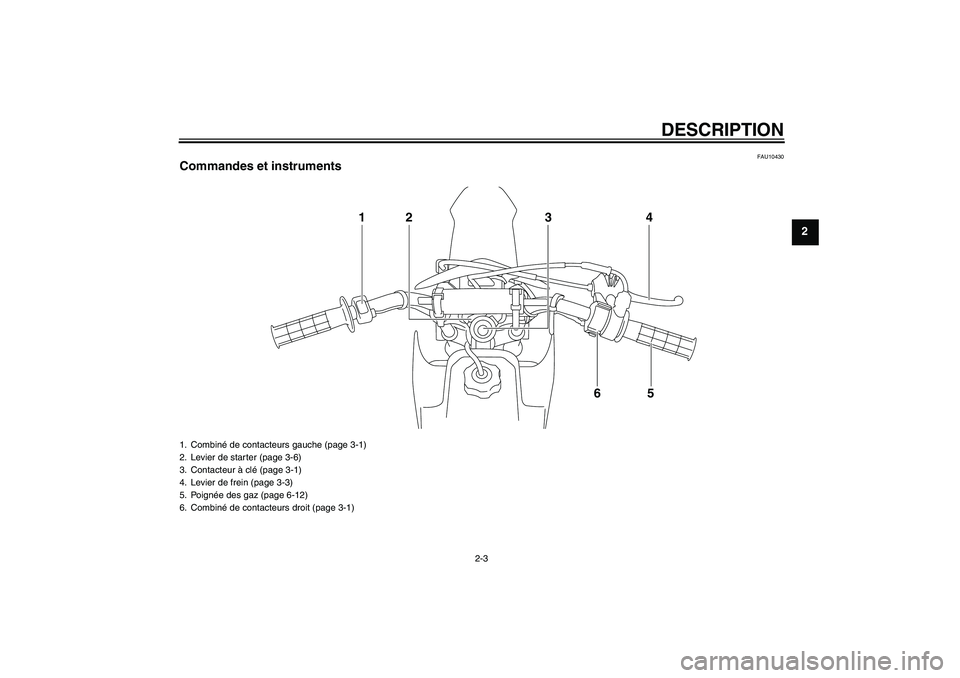 YAMAHA TTR50 2007 Notices Demploi (in French) DESCRIPTION
2-3
2
FAU10430
Commandes et instruments
14
5 2
6 3
1. Combiné de contacteurs gauche (page 3-1)
2. Levier de starter (page 3-6)
3. Contacteur à clé (page 3-1)
4. Levier de frein (page 3- YAMAHA TTR50 2007 Notices Demploi (in French) DESCRIPTION
2-3
2
FAU10430
Commandes et instruments
14
5 2
6 3
1. Combiné de contacteurs gauche (page 3-1)
2. Levier de starter (page 3-6)
3. Contacteur à clé (page 3-1)
4. Levier de frein (page 3-