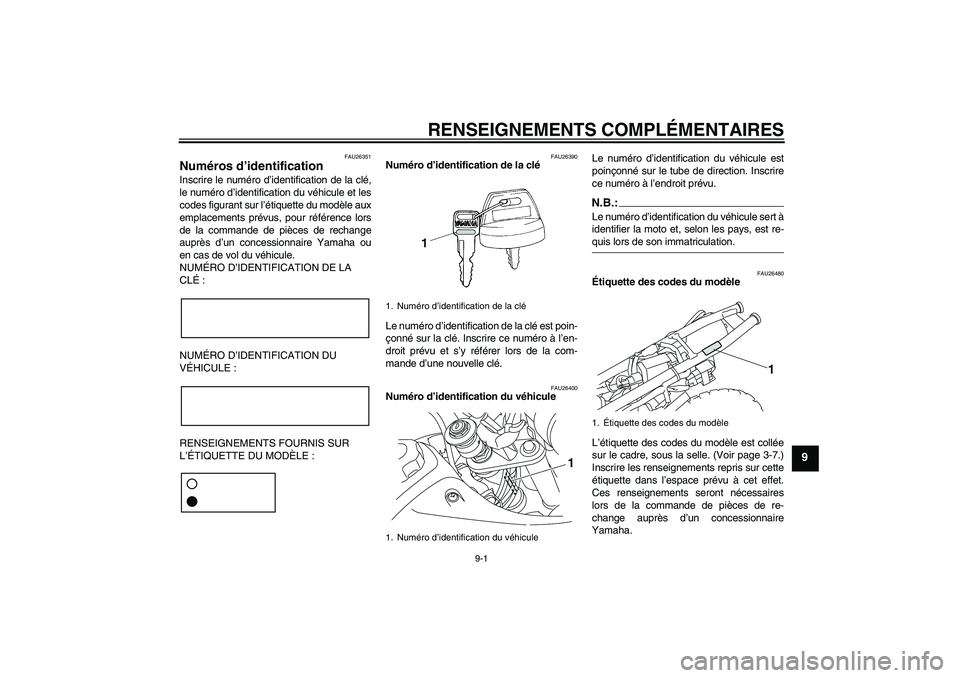 YAMAHA TTR50 2007 Notices Demploi (in French) RENSEIGNEMENTS COMPLÉMENTAIRES
9-1
9
FAU26351
Numéros d’identification Inscrire le numéro d’identification de la clé,
le numéro d’identification du véhicule et les
codes figurant sur l’à YAMAHA TTR50 2007 Notices Demploi (in French) RENSEIGNEMENTS COMPLÉMENTAIRES
9-1
9
FAU26351
Numéros d’identification Inscrire le numéro d’identification de la clé,
le numéro d’identification du véhicule et les
codes figurant sur l’Ã