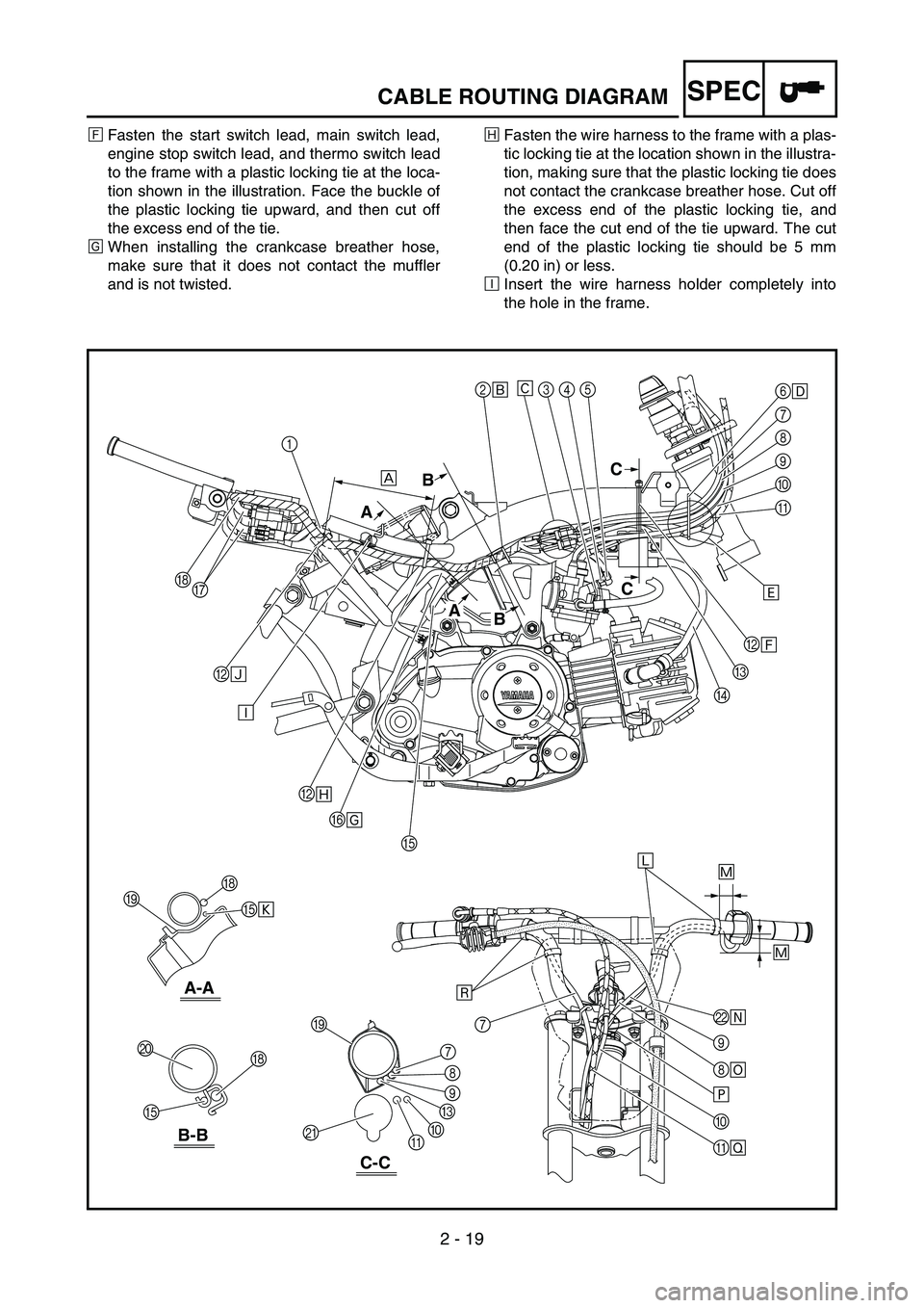 YAMAHA TTR50 2006 User Guide
2 - 19
SPECCABLE ROUTING DIAGRAM
ÍFasten the start switch lead, main switch lead,
engine stop switch lead, and thermo switch lead
to the frame with a plastic locking tie at the loca-
tion shown in t YAMAHA TTR50 2006 User Guide
2 - 19
SPECCABLE ROUTING DIAGRAM
ÍFasten the start switch lead, main switch lead,
engine stop switch lead, and thermo switch lead
to the frame with a plastic locking tie at the loca-
tion shown in t