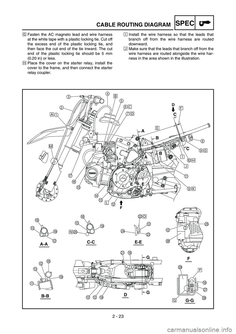 YAMAHA TTR50 2006 Notices Demploi (in French)
2 - 23
SPECCABLE ROUTING DIAGRAM
ÎFasten the AC magneto lead and wire harness
at the white tape with a plastic locking tie. Cut off
the excess end of the plastic locking tie, and
then face the cut e YAMAHA TTR50 2006 Notices Demploi (in French)
2 - 23
SPECCABLE ROUTING DIAGRAM
ÎFasten the AC magneto lead and wire harness
at the white tape with a plastic locking tie. Cut off
the excess end of the plastic locking tie, and
then face the cut e
