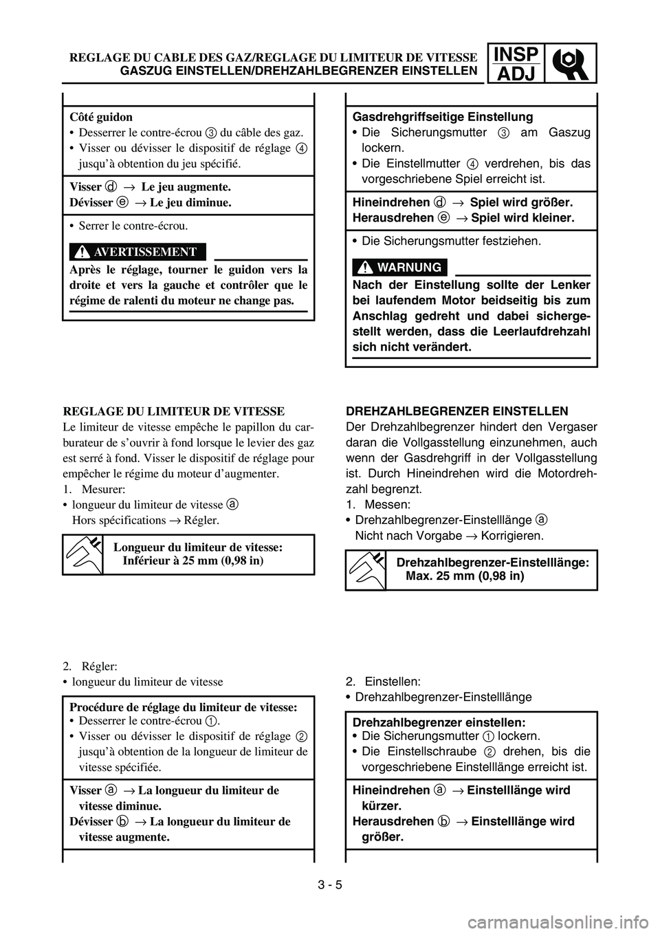 YAMAHA TTR50 2006 Owners Manual
INSPADJ
REGLAGE DU CABLE DES GAZ/REGLAGE DU LIMITEUR DE VITESSE
GASZUG EINSTELLEN/DREHZAHLBEGRENZER EINSTELLEN
C ôté guidon
Desserrer le contre- écrou 3 du c âble des gaz.
Visser ou d évi YAMAHA TTR50 2006 Owners Manual
INSPADJ
REGLAGE DU CABLE DES GAZ/REGLAGE DU LIMITEUR DE VITESSE
GASZUG EINSTELLEN/DREHZAHLBEGRENZER EINSTELLEN
C ôté guidon
Desserrer le contre- écrou 3 du c âble des gaz.
Visser ou d évi