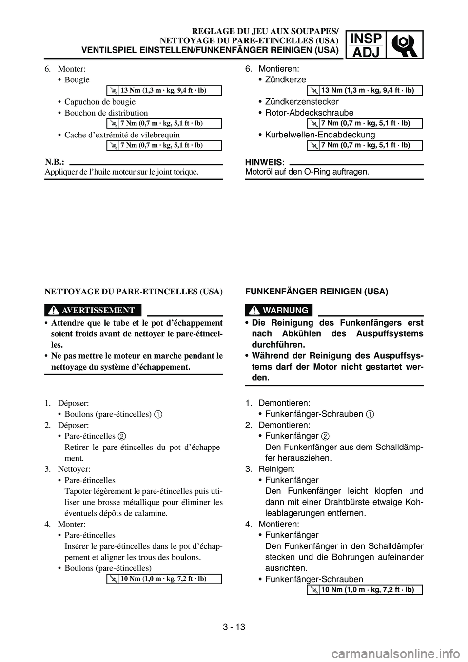 YAMAHA TTR50 2006 Owners Manual
INSPADJ
REGLAGE DU JEU AUX SOUPAPES/
NETTOYAGE DU PARE-ETINCELLES (USA)
VENTILSPIEL EINSTELLEN/FUNKENF ÄNGER REINIGEN (USA)
6. Monter: Bougie
Capuchon de bougie
Bouchon de distribution
Cache YAMAHA TTR50 2006 Owners Manual
INSPADJ
REGLAGE DU JEU AUX SOUPAPES/
NETTOYAGE DU PARE-ETINCELLES (USA)
VENTILSPIEL EINSTELLEN/FUNKENF ÄNGER REINIGEN (USA)
6. Monter: Bougie
Capuchon de bougie
Bouchon de distribution
Cache