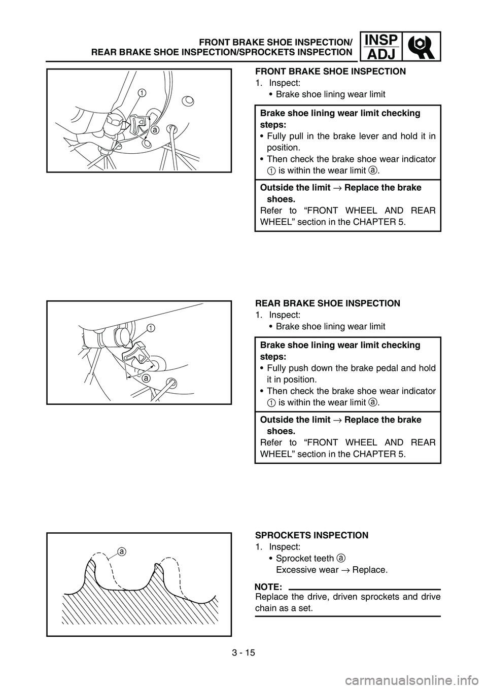 YAMAHA TTR50 2006 Owners Manual
3 - 15
INSPADJ
FRONT BRAKE SHOE INSPECTION
1. Inspect:
Brake shoe lining wear limit
Brake shoe lining wear limit checking
steps:
Fully pull in the brake lever and hold it in
position.
Then che YAMAHA TTR50 2006 Owners Manual
3 - 15
INSPADJ
FRONT BRAKE SHOE INSPECTION
1. Inspect:
Brake shoe lining wear limit
Brake shoe lining wear limit checking
steps:
Fully pull in the brake lever and hold it in
position.
Then che