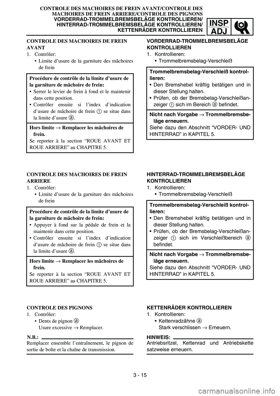 YAMAHA TTR50 2006 Owners Manual
INSPADJ
CONTROLE DES MACHOIRES DE FREIN AVANT/CONTROLE DES
MACHOIRES DE FREIN ARRIERE/CONTROLE DES PIGNONSVORDERRAD-TROMMELBREMSBELÄGE KONTROLLIEREN/
HINTERRAD-TROMMELBREMSBELÄGE KONTROLLIEREN/ KE YAMAHA TTR50 2006 Owners Manual
INSPADJ
CONTROLE DES MACHOIRES DE FREIN AVANT/CONTROLE DES
MACHOIRES DE FREIN ARRIERE/CONTROLE DES PIGNONSVORDERRAD-TROMMELBREMSBELÄGE KONTROLLIEREN/
HINTERRAD-TROMMELBREMSBELÄGE KONTROLLIEREN/ KE
