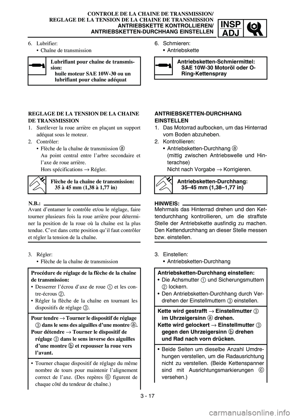 YAMAHA TTR50 2006 Owners Manual
INSPADJ
CONTROLE DE LA CHAINE DE TRANSMISSION/
REGLAGE DE LA TENSION DE LA CHAINE DE TRANSMISSION ANTRIEBSKETTE KONTROLLIEREN/
ANTRIEBSKETTEN-DURCHHANG EINSTELLEN
6. Lubrifier: Cha îne de transmis YAMAHA TTR50 2006 Owners Manual
INSPADJ
CONTROLE DE LA CHAINE DE TRANSMISSION/
REGLAGE DE LA TENSION DE LA CHAINE DE TRANSMISSION ANTRIEBSKETTE KONTROLLIEREN/
ANTRIEBSKETTEN-DURCHHANG EINSTELLEN
6. Lubrifier: Cha îne de transmis