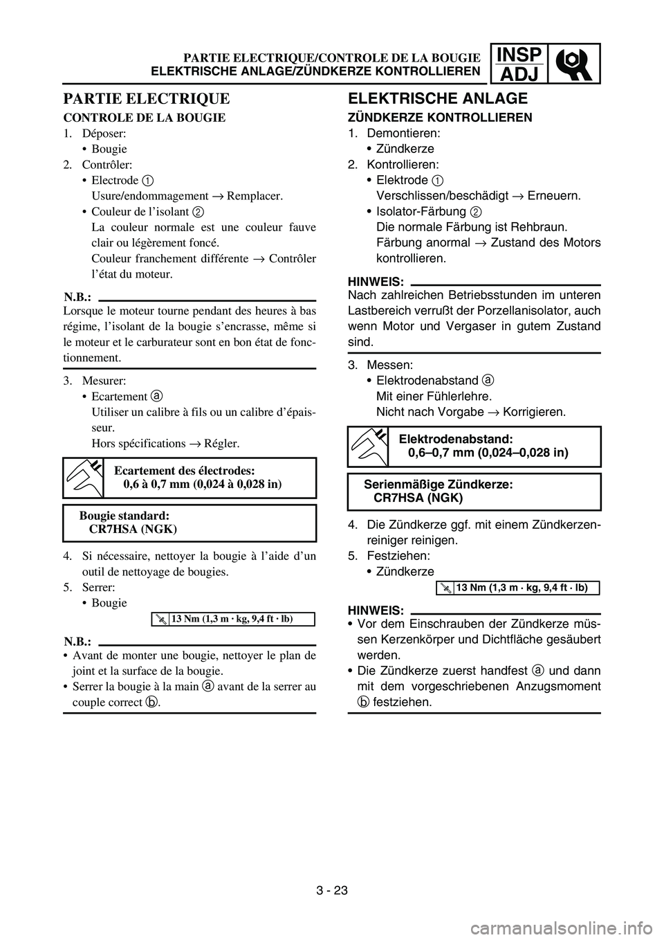 YAMAHA TTR50 2006 Owners Manual
INSPADJ
PARTIE ELECTRIQUE/CONTROLE DE LA BOUGIE
ELEKTRISCHE ANLAGE/Z ÜNDKERZE KONTROLLIEREN
PARTIE ELECTRIQUE
CONTROLE DE LA BOUGIE
1. D époser:
Bougie
2. Contr ôler:
Electrode 1
Usure/endom YAMAHA TTR50 2006 Owners Manual
INSPADJ
PARTIE ELECTRIQUE/CONTROLE DE LA BOUGIE
ELEKTRISCHE ANLAGE/Z ÜNDKERZE KONTROLLIEREN
PARTIE ELECTRIQUE
CONTROLE DE LA BOUGIE
1. D époser:
Bougie
2. Contr ôler:
Electrode 1
Usure/endom