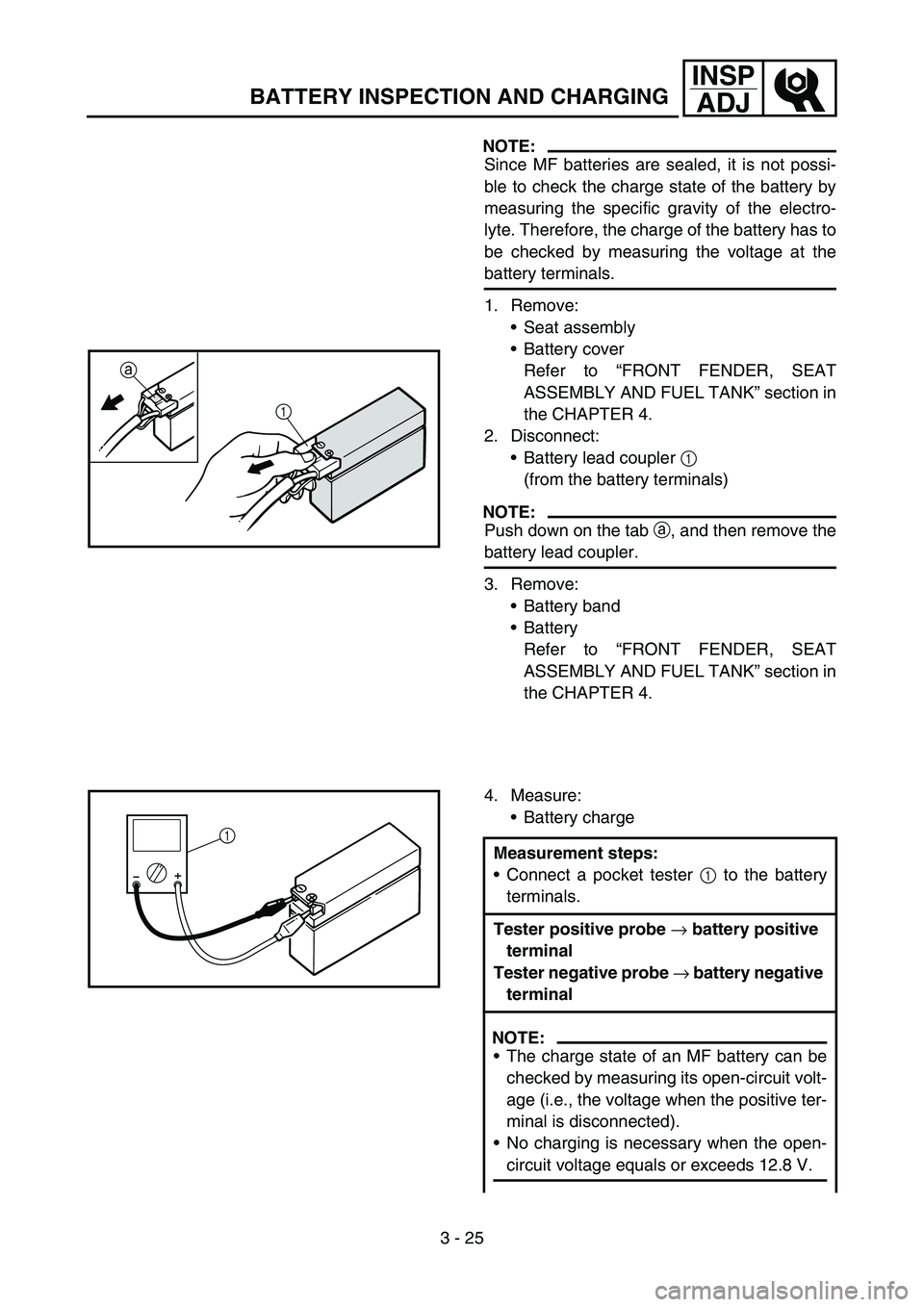YAMAHA TTR50 2006 Owners Manual
3 - 25
INSPADJ
BATTERY INSPECTION AND CHARGING
NOTE:
Since MF batteries are sealed, it is not possi-
ble to check the charge state of the battery by
measuring the specific gravity of the electro-
lyt YAMAHA TTR50 2006 Owners Manual
3 - 25
INSPADJ
BATTERY INSPECTION AND CHARGING
NOTE:
Since MF batteries are sealed, it is not possi-
ble to check the charge state of the battery by
measuring the specific gravity of the electro-
lyt