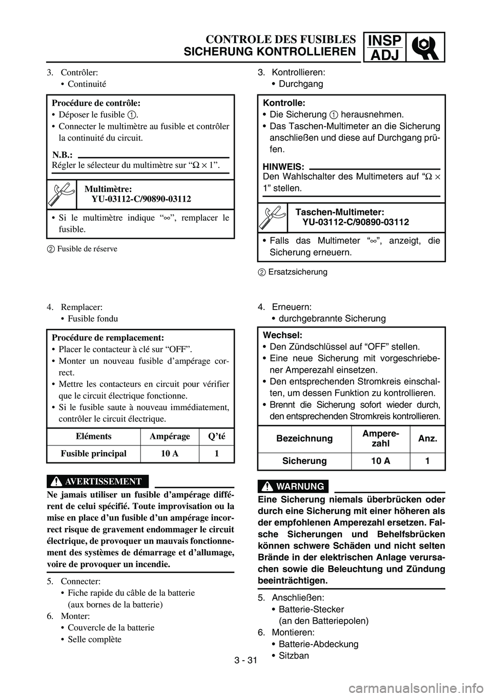 YAMAHA TTR50 2006 Notices Demploi (in French)
INSPADJ
CONTROLE DES FUSIBLES
SICHERUNG KONTROLLIEREN
3. Contr ôler:
Continuit é
2Fusible de r
éserve
Proc édure de contr ôle:
Déposer le fusible 1
.
Connecter le multim ètre au fusibl YAMAHA TTR50 2006 Notices Demploi (in French)
INSPADJ
CONTROLE DES FUSIBLES
SICHERUNG KONTROLLIEREN
3. Contr ôler:
Continuit é
2Fusible de r
éserve
Proc édure de contr ôle:
Déposer le fusible 1
.
Connecter le multim ètre au fusibl