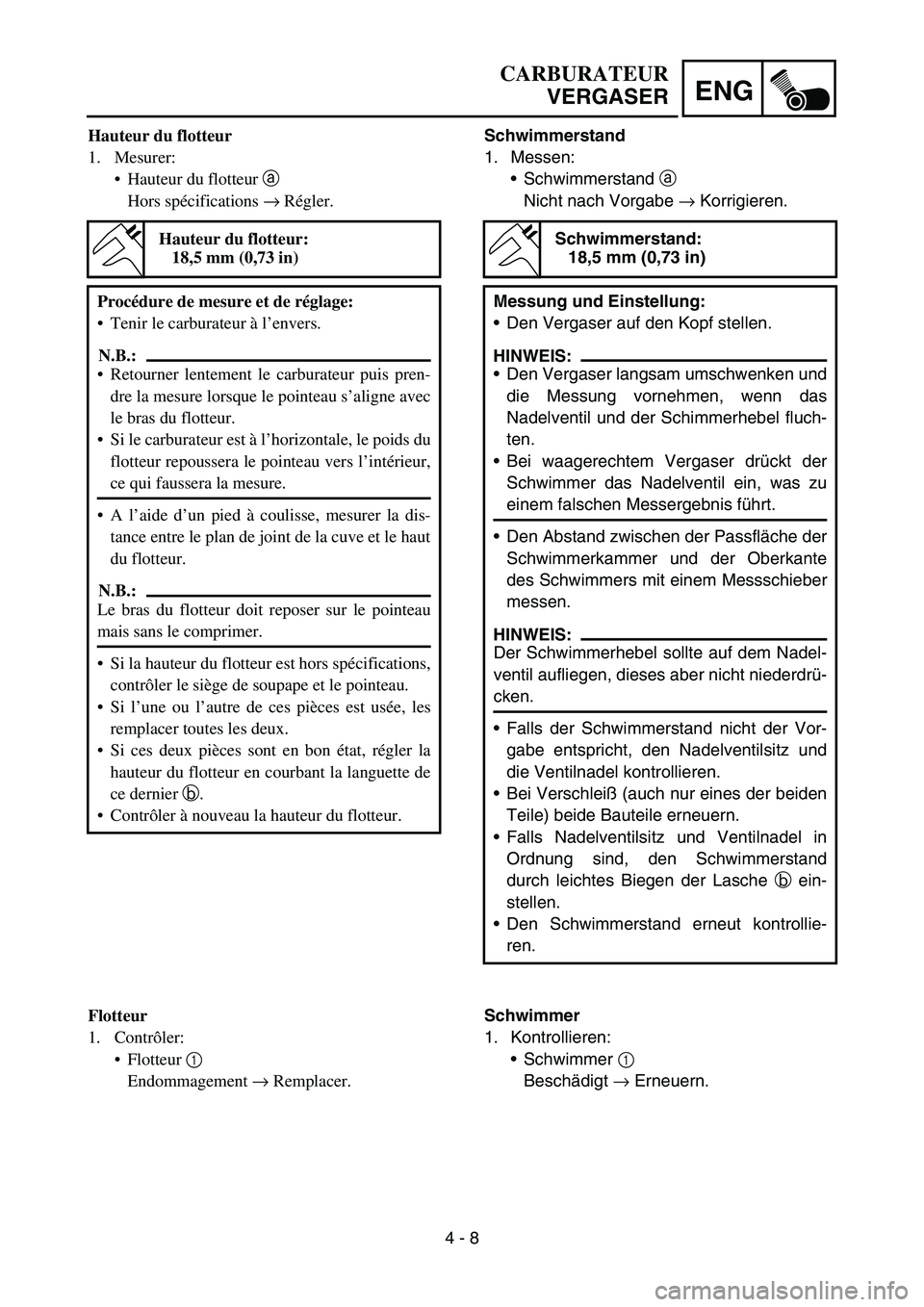 YAMAHA TTR50 2006 Owners Manual
4 - 8
ENG
Schwimmerstand
1. Messen:Schwimmerstand a
Nicht nach Vorgabe → Korrigieren.
Schwimmerstand:
18,5 mm (0,73 in)
Messung und Einstellung:
Den Vergaser auf den Kopf stellen.
HINWEIS:
D YAMAHA TTR50 2006 Owners Manual
4 - 8
ENG
Schwimmerstand
1. Messen:Schwimmerstand a
Nicht nach Vorgabe → Korrigieren.
Schwimmerstand:
18,5 mm (0,73 in)
Messung und Einstellung:
Den Vergaser auf den Kopf stellen.
HINWEIS:
D