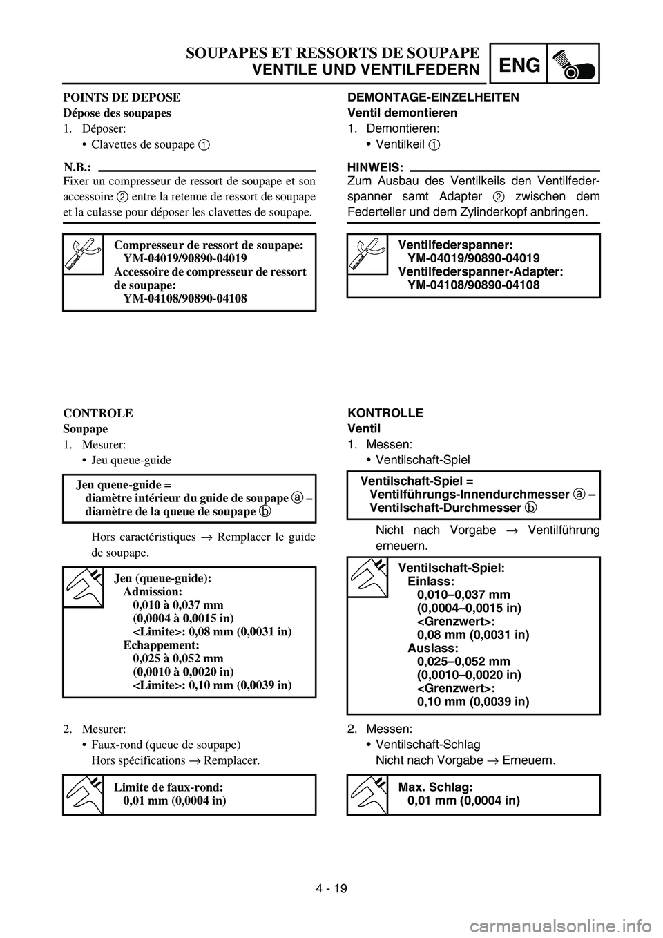 YAMAHA TTR50 2006 Notices Demploi (in French)
4 - 19
ENG
DEMONTAGE-EINZELHEITEN
Ventil demontieren
1. Demontieren:Ventilkeil 1
HINWEIS:
Zum Ausbau des Ventilkeils den Ventilfeder-
spanner samt Adapter 2 zwischen dem
Federteller und dem Zylin YAMAHA TTR50 2006 Notices Demploi (in French)
4 - 19
ENG
DEMONTAGE-EINZELHEITEN
Ventil demontieren
1. Demontieren:Ventilkeil 1
HINWEIS:
Zum Ausbau des Ventilkeils den Ventilfeder-
spanner samt Adapter 2 zwischen dem
Federteller und dem Zylin
