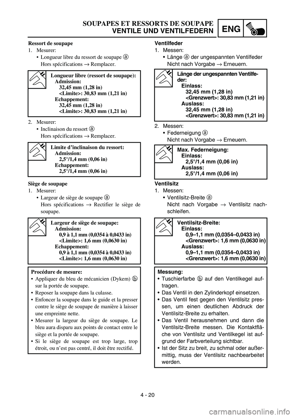 YAMAHA TTR50 2006 Notices Demploi (in French)
4 - 20
ENG
Ventilfeder
1. Messen:Länge a der ungespannten Ventilfeder
Nicht nach Vorgabe → Erneuern.
2. Messen: Federneigung a
Nicht nach Vorgabe → Erneuern.
Länge der ungespannten Ventil YAMAHA TTR50 2006 Notices Demploi (in French)
4 - 20
ENG
Ventilfeder
1. Messen:Länge a der ungespannten Ventilfeder
Nicht nach Vorgabe → Erneuern.
2. Messen: Federneigung a
Nicht nach Vorgabe → Erneuern.
Länge der ungespannten Ventil