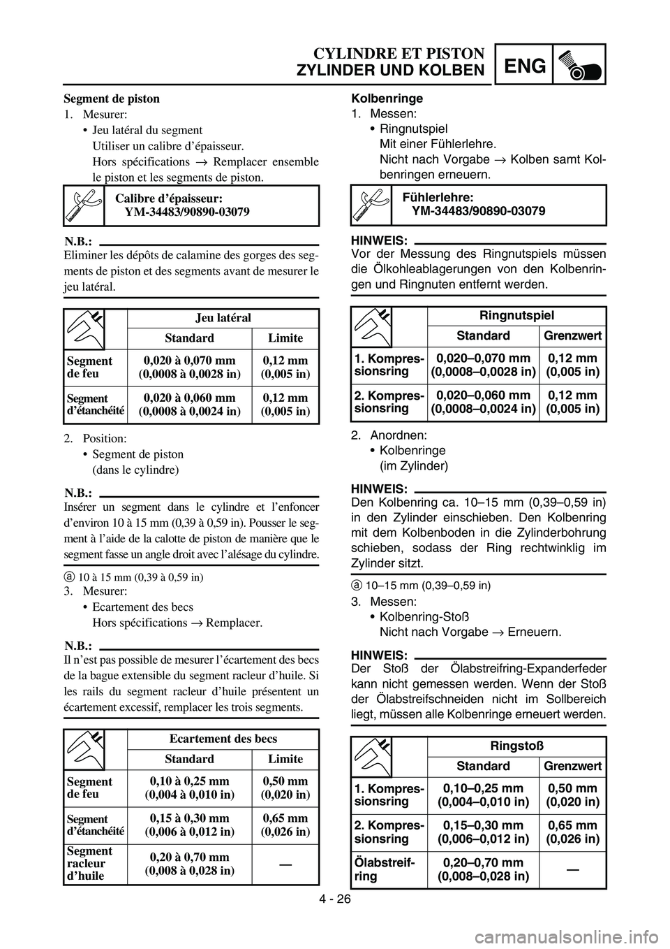 YAMAHA TTR50 2006 Owners Manual
4 - 26
ENG
Kolbenringe
1. Messen:Ringnutspiel
Mit einer F ühlerlehre.
Nicht nach Vorgabe → Kolben samt Kol-
benringen erneuern.
HINWEIS: Vor der Messung des Ringnutspiels m üssen
die Ölkohlea YAMAHA TTR50 2006 Owners Manual
4 - 26
ENG
Kolbenringe
1. Messen:Ringnutspiel
Mit einer F ühlerlehre.
Nicht nach Vorgabe → Kolben samt Kol-
benringen erneuern.
HINWEIS: Vor der Messung des Ringnutspiels m üssen
die Ölkohlea
