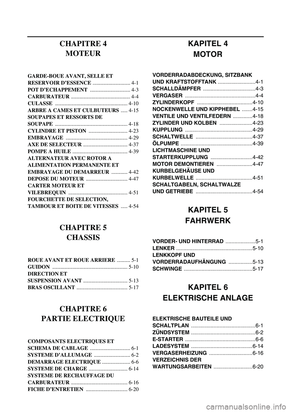 YAMAHA TTR50 2006 Notices Demploi (in French)
KAPITEL 4MOTOR
VORDERRADABDECKUNG, SITZBANK
UND KRAFTSTOFFTANK .........................4-1
SCHALLD ÄMPFER ...................................4-3
VERGASER ....................................... YAMAHA TTR50 2006 Notices Demploi (in French)
KAPITEL 4MOTOR
VORDERRADABDECKUNG, SITZBANK
UND KRAFTSTOFFTANK .........................4-1
SCHALLD ÄMPFER ...................................4-3
VERGASER .......................................