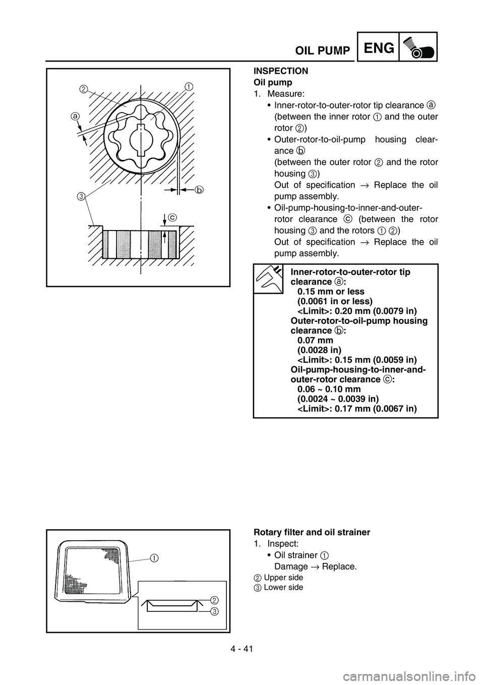 YAMAHA TTR50 2006 Notices Demploi (in French)
4 - 41
ENGOIL PUMP
INSPECTION
Oil pump
1. Measure:Inner-rotor-to-outer-rotor tip clearance a
(between the inner rotor 1 and the outer
rotor 2)
Outer-rotor-to-oil-pump housing clear-
ance b
( YAMAHA TTR50 2006 Notices Demploi (in French)
4 - 41
ENGOIL PUMP
INSPECTION
Oil pump
1. Measure:Inner-rotor-to-outer-rotor tip clearance a
(between the inner rotor 1 and the outer
rotor 2)
Outer-rotor-to-oil-pump housing clear-
ance b
(