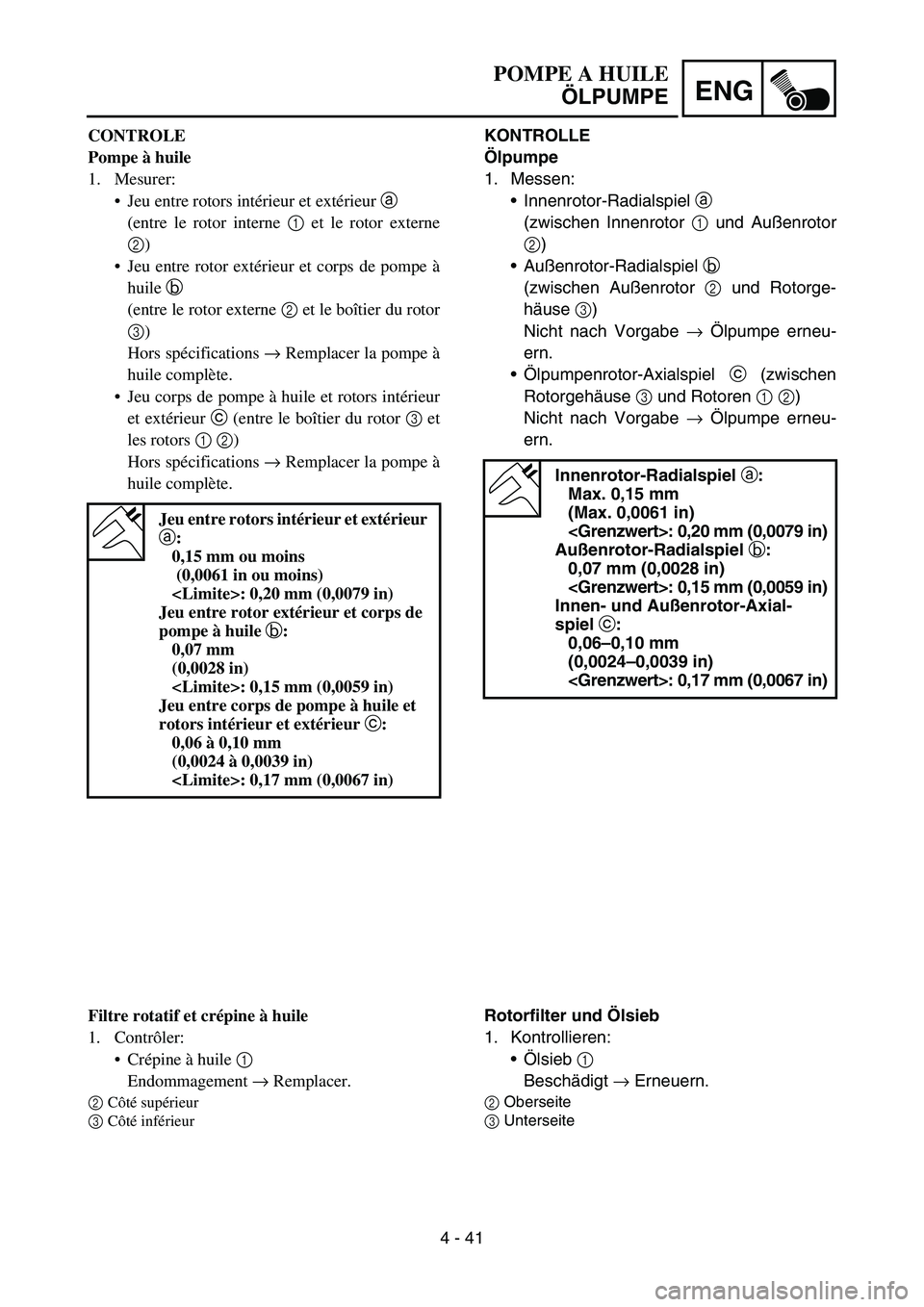 YAMAHA TTR50 2006 Notices Demploi (in French)
4 - 41
ENG
KONTROLLE
Ölpumpe
1. Messen: Innenrotor-Radialspiel a
(zwischen Innenrotor 1 und Au ßenrotor
2 )
Au ßenrotor-Radialspiel b
(zwischen Au ßenrotor 2 und Rotorge-
h äuse 3)
Nic YAMAHA TTR50 2006 Notices Demploi (in French)
4 - 41
ENG
KONTROLLE
Ölpumpe
1. Messen: Innenrotor-Radialspiel a
(zwischen Innenrotor 1 und Au ßenrotor
2 )
Au ßenrotor-Radialspiel b
(zwischen Au ßenrotor 2 und Rotorge-
h äuse 3)
Nic