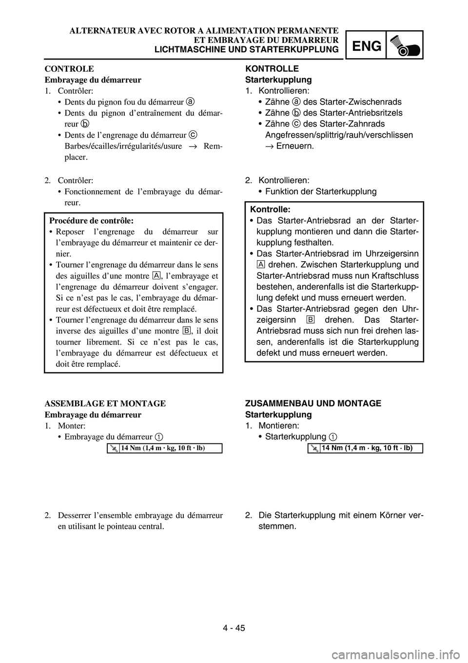 YAMAHA TTR50 2006 Owners Manual
4 - 45
ENG
KONTROLLE
Starterkupplung
1. Kontrollieren:Zähne a des Starter-Zwischenrads
Zähne b des Starter-Antriebsritzels
Zähne c des Starter-Zahnrads
Angefressen/splittrig/rauh/verschl YAMAHA TTR50 2006 Owners Manual
4 - 45
ENG
KONTROLLE
Starterkupplung
1. Kontrollieren:Zähne a des Starter-Zwischenrads
Zähne b des Starter-Antriebsritzels
Zähne c des Starter-Zahnrads
Angefressen/splittrig/rauh/verschl
