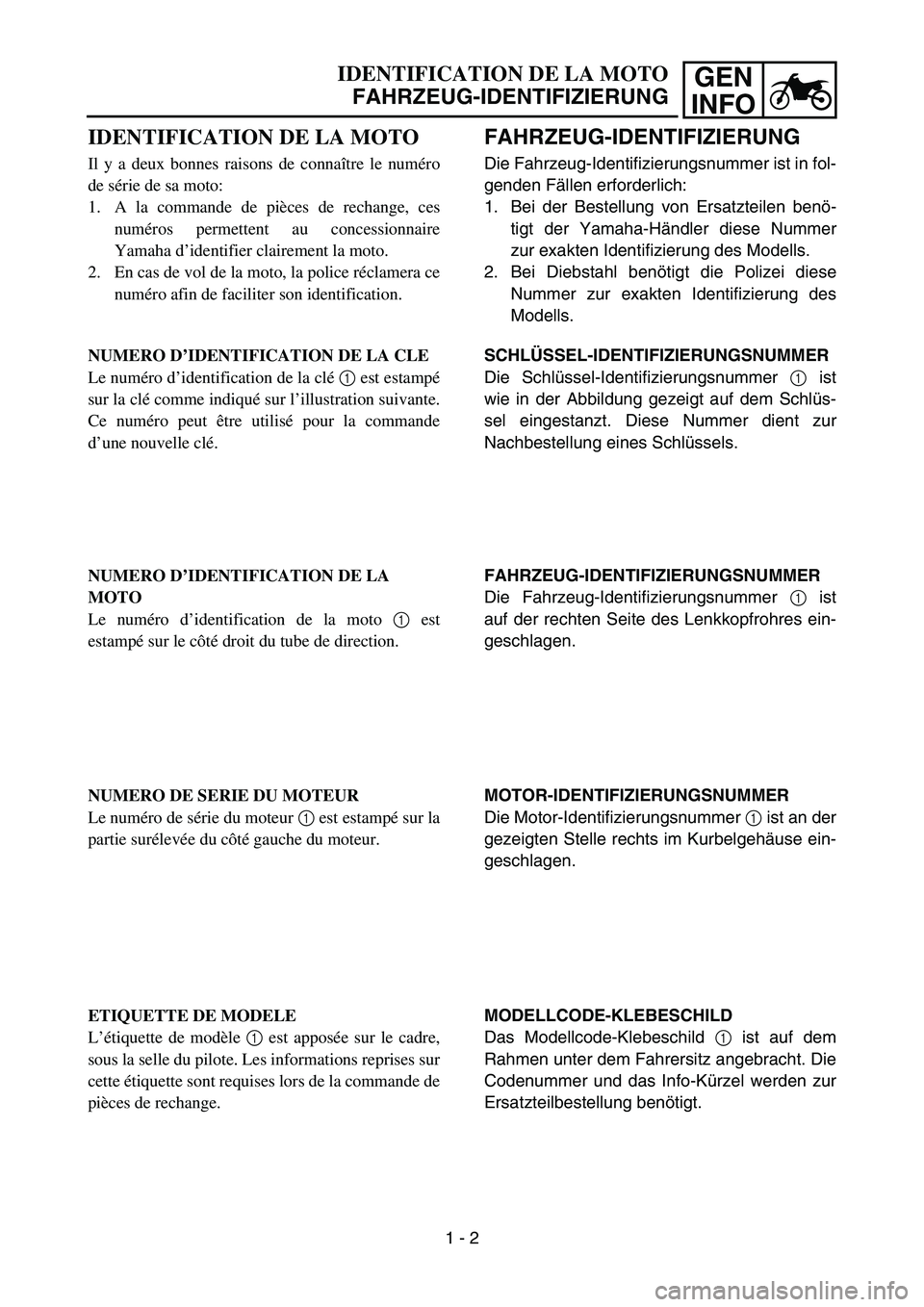 YAMAHA TTR50 2006 Notices Demploi (in French)
GEN
INFO
FAHRZEUG-IDENTIFIZIERUNG
Die Fahrzeug-Identifizierungsnummer ist in fol-
genden F ällen erforderlich:
1. Bei der Bestellung von Ersatzteilen ben ö-
tigt der Yamaha-H ändler diese Nummer
z YAMAHA TTR50 2006 Notices Demploi (in French)
GEN
INFO
FAHRZEUG-IDENTIFIZIERUNG
Die Fahrzeug-Identifizierungsnummer ist in fol-
genden F ällen erforderlich:
1. Bei der Bestellung von Ersatzteilen ben ö-
tigt der Yamaha-H ändler diese Nummer
z