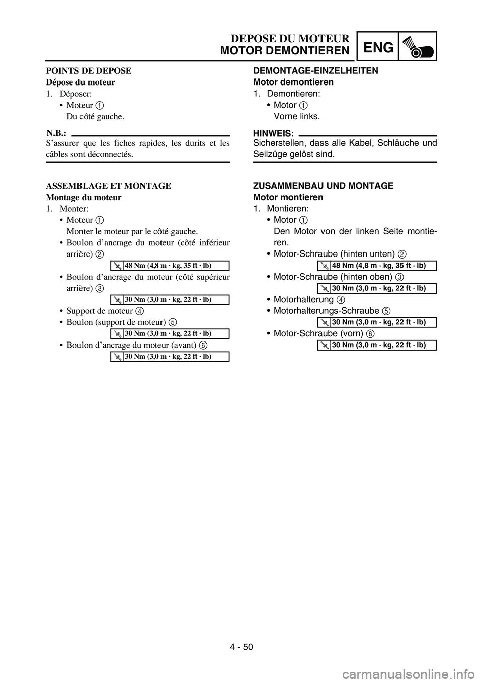 YAMAHA TTR50 2006 Owners Manual
4 - 50
ENG
DEMONTAGE-EINZELHEITEN
Motor demontieren
1. Demontieren:Motor 1
Vorne links.
HINWEIS: Sicherstellen, dass alle Kabel, Schl äuche und
Seilz üge gel öst sind.
ZUSAMMENBAU UND MONTAGE
M YAMAHA TTR50 2006 Owners Manual
4 - 50
ENG
DEMONTAGE-EINZELHEITEN
Motor demontieren
1. Demontieren:Motor 1
Vorne links.
HINWEIS: Sicherstellen, dass alle Kabel, Schl äuche und
Seilz üge gel öst sind.
ZUSAMMENBAU UND MONTAGE
M