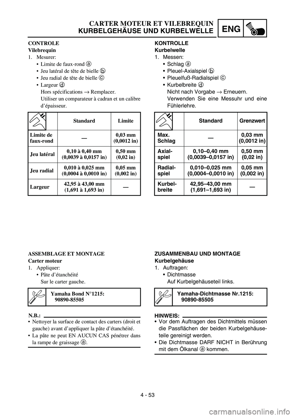 YAMAHA TTR50 2006 Notices Demploi (in French)
4 - 53
ENG
KONTROLLE
Kurbelwelle
1. Messen:Schlag a
Pleuel-Axialspiel b
Pleuelfu ß-Radialspiel c
Kurbelbreite d
Nicht nach Vorgabe → Erneuern.
Verwenden Sie eine Messuhr und eine
F YAMAHA TTR50 2006 Notices Demploi (in French)
4 - 53
ENG
KONTROLLE
Kurbelwelle
1. Messen:Schlag a
Pleuel-Axialspiel b
Pleuelfu ß-Radialspiel c
Kurbelbreite d
Nicht nach Vorgabe → Erneuern.
Verwenden Sie eine Messuhr und eine
F