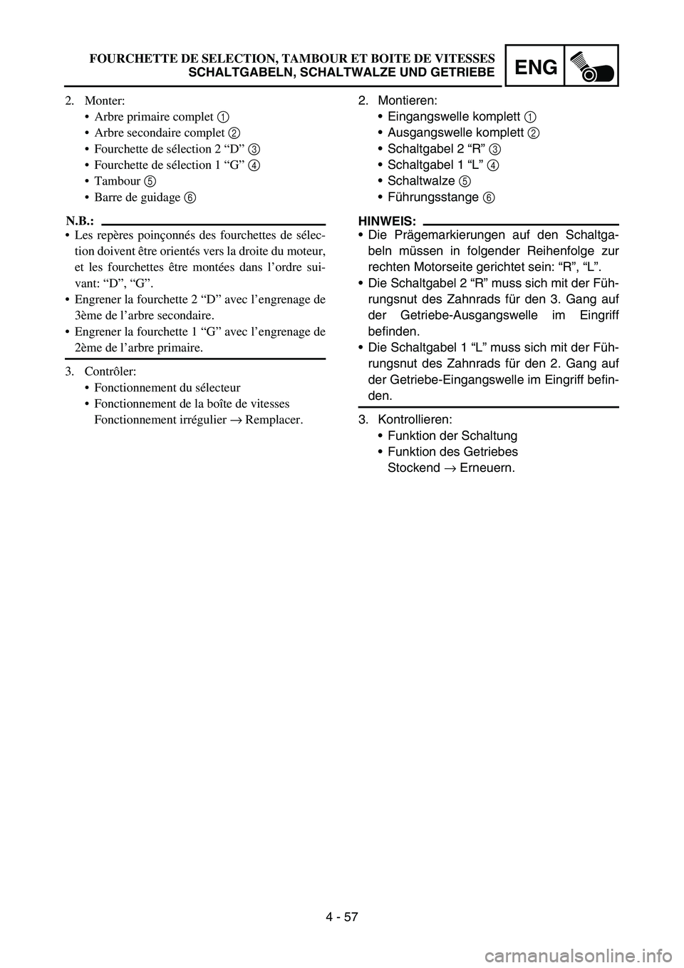 YAMAHA TTR50 2006 Notices Demploi (in French)
4 - 57
ENG
2. Montieren:Eingangswelle komplett 1
Ausgangswelle komplett 2
Schaltgabel 2 “R ” 3
Schaltgabel 1 “L ” 4
Schaltwalze 5
Führungsstange 6
HINWEIS:
Die Pr YAMAHA TTR50 2006 Notices Demploi (in French)
4 - 57
ENG
2. Montieren:Eingangswelle komplett 1
Ausgangswelle komplett 2
Schaltgabel 2 “R ” 3
Schaltgabel 1 “L ” 4
Schaltwalze 5
Führungsstange 6
HINWEIS:
Die Pr
