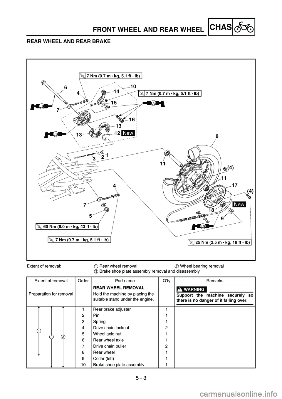 YAMAHA TTR50 2006 Notices Demploi (in French)
5 - 3
CHASFRONT WHEEL AND REAR WHEEL
REAR WHEEL AND REAR BRAKE
Extent of removal:1 Rear wheel removal
2 Wheel bearing removal
3 Brake shoe plate assembly removal and disassembly
Extent of removal Or YAMAHA TTR50 2006 Notices Demploi (in French)
5 - 3
CHASFRONT WHEEL AND REAR WHEEL
REAR WHEEL AND REAR BRAKE
Extent of removal:1 Rear wheel removal
2 Wheel bearing removal
3 Brake shoe plate assembly removal and disassembly
Extent of removal Or