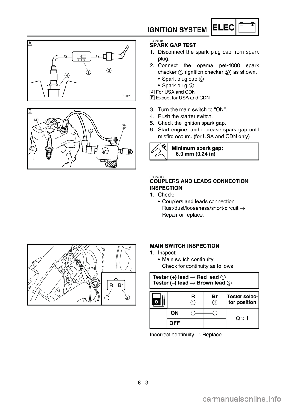 YAMAHA TTR50 2006 User Guide
6 - 3
–+ELECIGNITION SYSTEM
EC622001
SPARK GAP TEST
1. Disconnect the spark plug cap from spark
plug.
2. Connect the opama pet-4000 spark
checker 1 (ignition checker 2) as shown.
Spark plug cap YAMAHA TTR50 2006 User Guide
6 - 3
–+ELECIGNITION SYSTEM
EC622001
SPARK GAP TEST
1. Disconnect the spark plug cap from spark
plug.
2. Connect the opama pet-4000 spark
checker 1 (ignition checker 2) as shown.
Spark plug cap