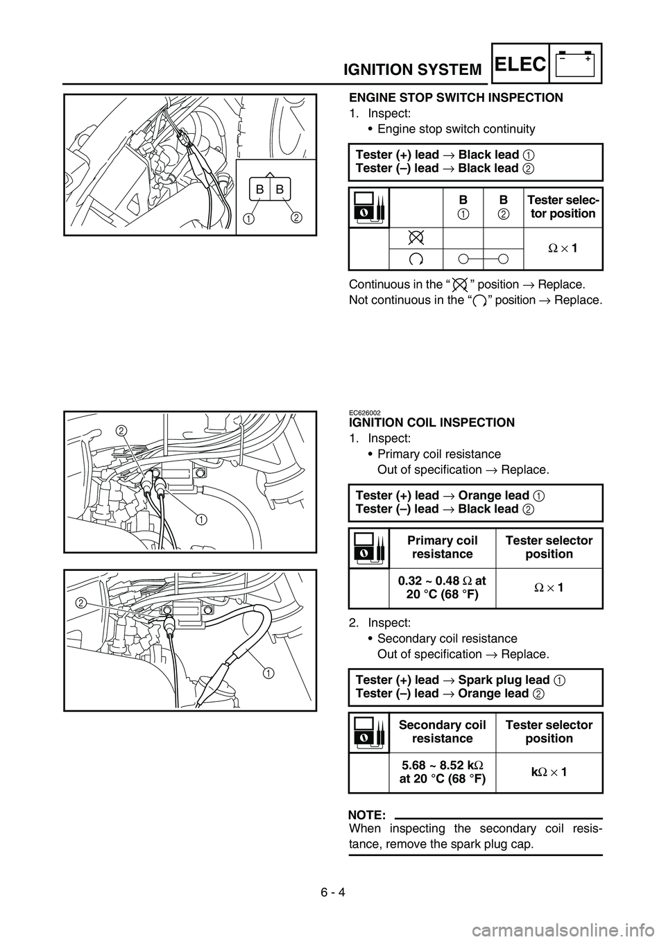 YAMAHA TTR50 2006  Owners Manual 
6 - 4
–+ELECIGNITION SYSTEM
ENGINE STOP SWITCH INSPECTION
1. Inspect:
Engine stop switch continuity
Continuous in the  “” position  → Replace.
Not continuous in the  “” position  → Rep