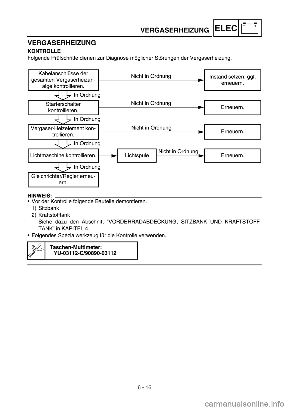 YAMAHA TTR50 2006  Notices Demploi (in French) 
–+ELEC
VERGASERHEIZUNG
KONTROLLE
Folgende Pr üfschritte dienen zur Diagnose m öglicher St örungen der Vergaserheizung.
HINWEIS:
 Vor der Kontrolle folgende Bauteile demontieren.
1) Sitzbank
2) 