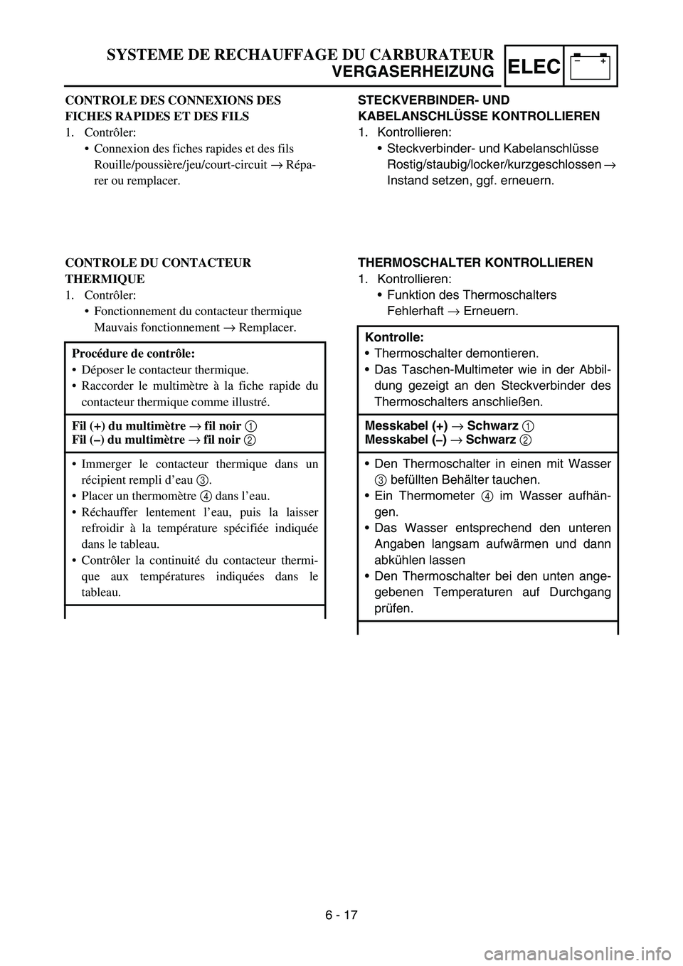 YAMAHA TTR50 2006 Notices Demploi (in French)
–+ELEC
STECKVERBINDER- UND
KABELANSCHL ÜSSE KONTROLLIEREN
1. Kontrollieren: Steckverbinder- und Kabelanschl üsse
Rostig/staubig/locker/kurzgeschlossen →
Instand setzen, ggf. erneuern.
THERM YAMAHA TTR50 2006 Notices Demploi (in French)
–+ELEC
STECKVERBINDER- UND
KABELANSCHL ÜSSE KONTROLLIEREN
1. Kontrollieren: Steckverbinder- und Kabelanschl üsse
Rostig/staubig/locker/kurzgeschlossen →
Instand setzen, ggf. erneuern.
THERM