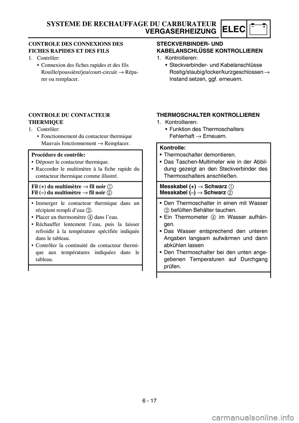 YAMAHA TTR50 2006  Betriebsanleitungen (in German) 
–+ELEC
STECKVERBINDER- UND 
KABELANSCHL ÜSSE KONTROLLIEREN
1. Kontrollieren: Steckverbinder- und Kabelanschl üsse
Rostig/staubig/locker/kurzgeschlossen  → 
Instand setzen, ggf. erneuern.
THERM