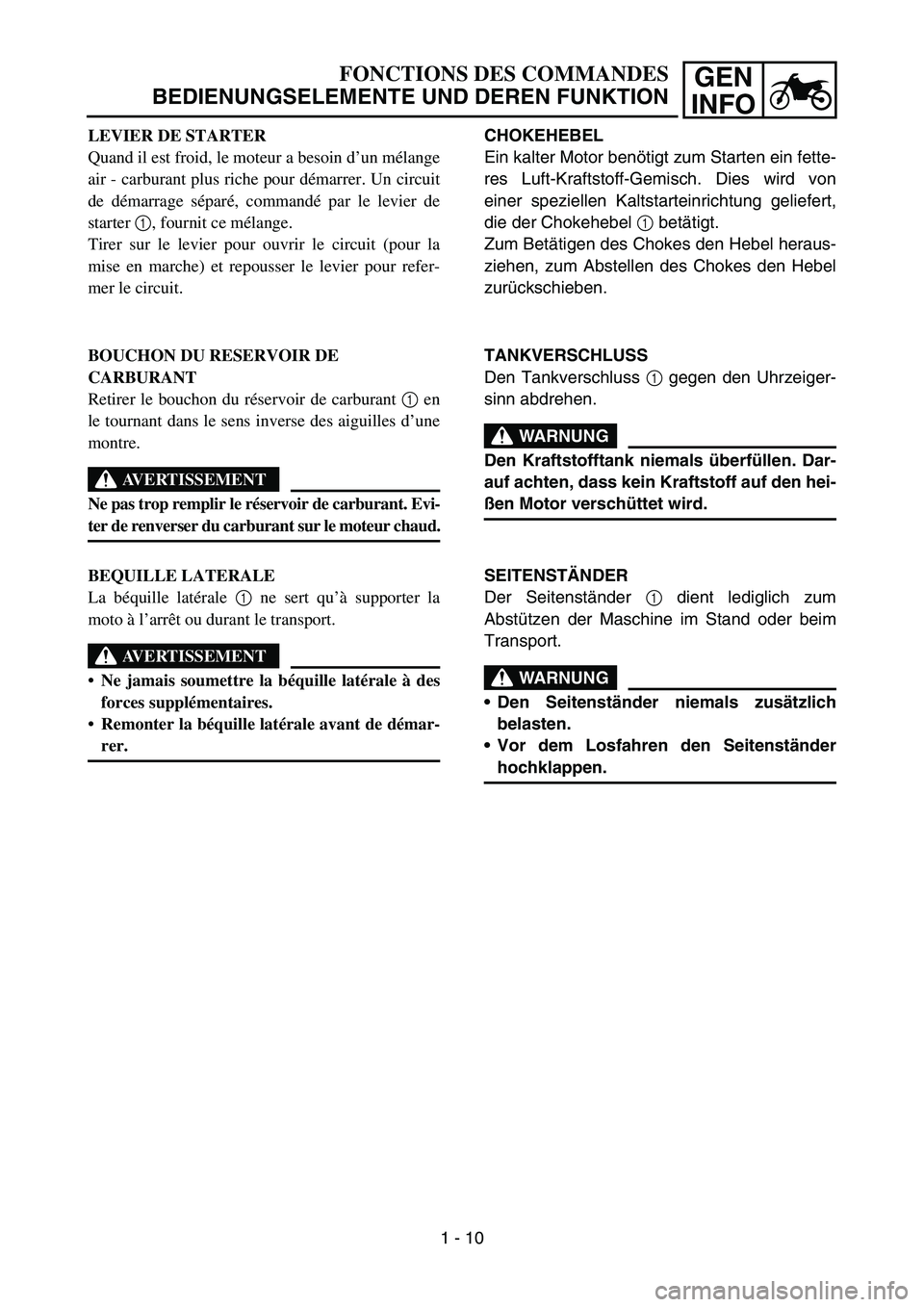 YAMAHA TTR50 2006 Notices Demploi (in French)
GEN
INFO
CHOKEHEBEL
Ein kalter Motor ben ötigt zum Starten ein fette-
res Luft-Kraftstoff-Gemisch. Dies wird von
einer speziellen Kaltstarteinrichtung geliefert,
die der Chokehebel 1 bet ätigt.
Zu YAMAHA TTR50 2006 Notices Demploi (in French)
GEN
INFO
CHOKEHEBEL
Ein kalter Motor ben ötigt zum Starten ein fette-
res Luft-Kraftstoff-Gemisch. Dies wird von
einer speziellen Kaltstarteinrichtung geliefert,
die der Chokehebel 1 bet ätigt.
Zu