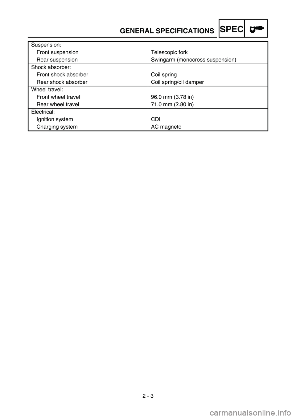 YAMAHA TTR50 2006 Workshop Manual 
SPEC
2 - 3
Suspension:
Front suspension Telescopic fork
Rear suspension Swingarm (monocross suspension)
Shock absorber:
Front shock absorber Coil spring
Rear shock absorber Coil spring/oil damper
Whe